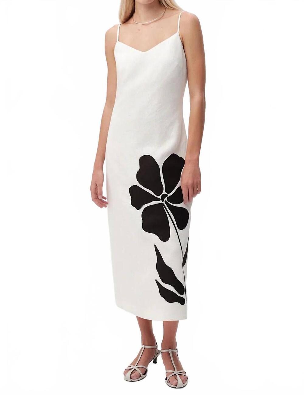 NEW EXQUISE cannon spaghetti strap linen midi dress in white